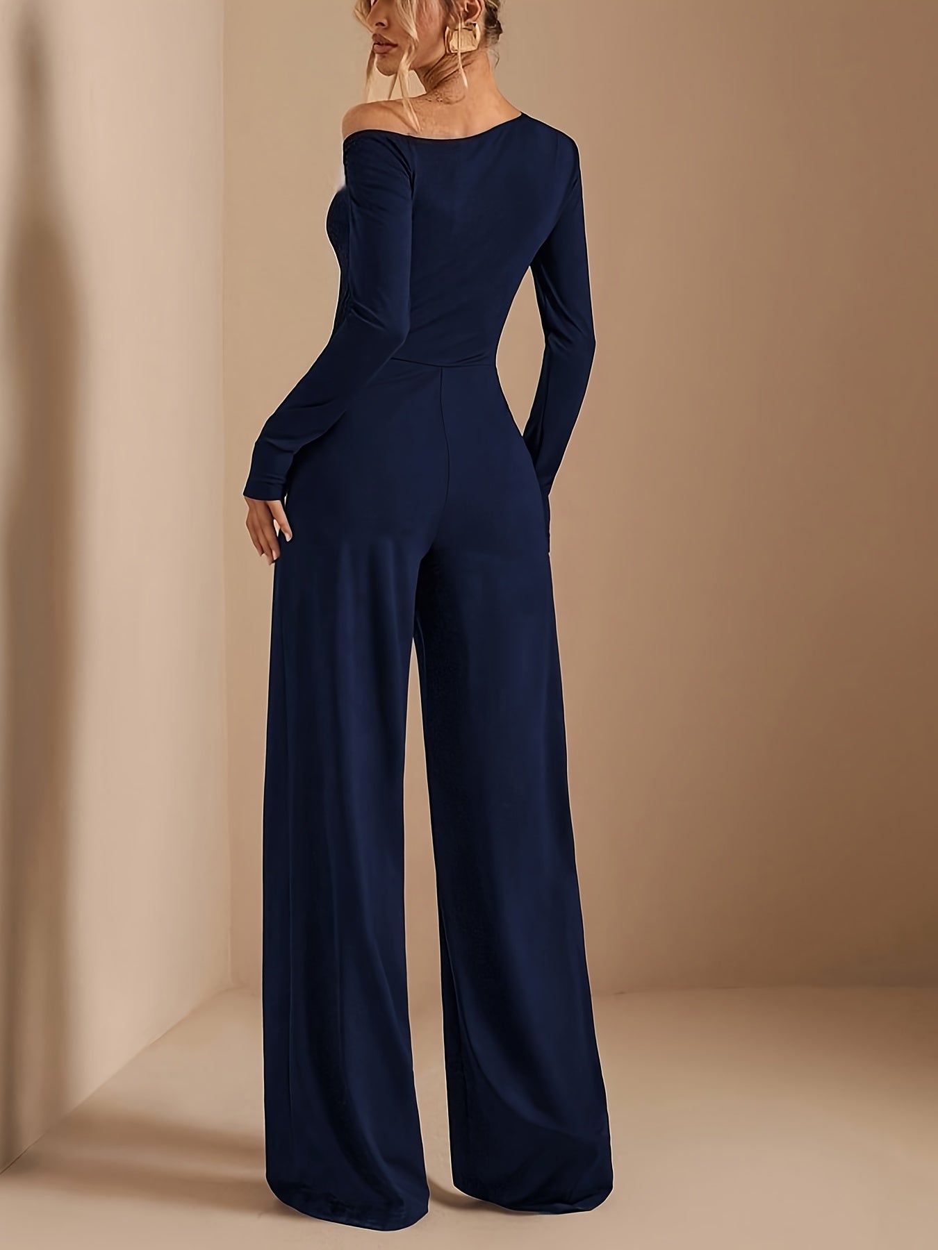 [Asymmetric Off-Shoulder Romper] Women's Elegant Asymmetric Off Shoulder Long Sleeve Wide Leg Romper - Solid Black Casual Jumpsuit for Spring Summer