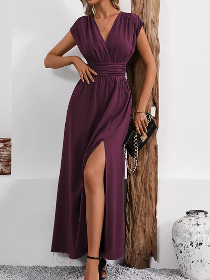 Elegant V-Neck -Line Maxi Dress Suitable for Weddings, Parties & Daily Wear - Machine Washable Solid Color Dress with V-Neck Collar, Flattering Fit for Events & Casual Occasions (Year-Round Wear)