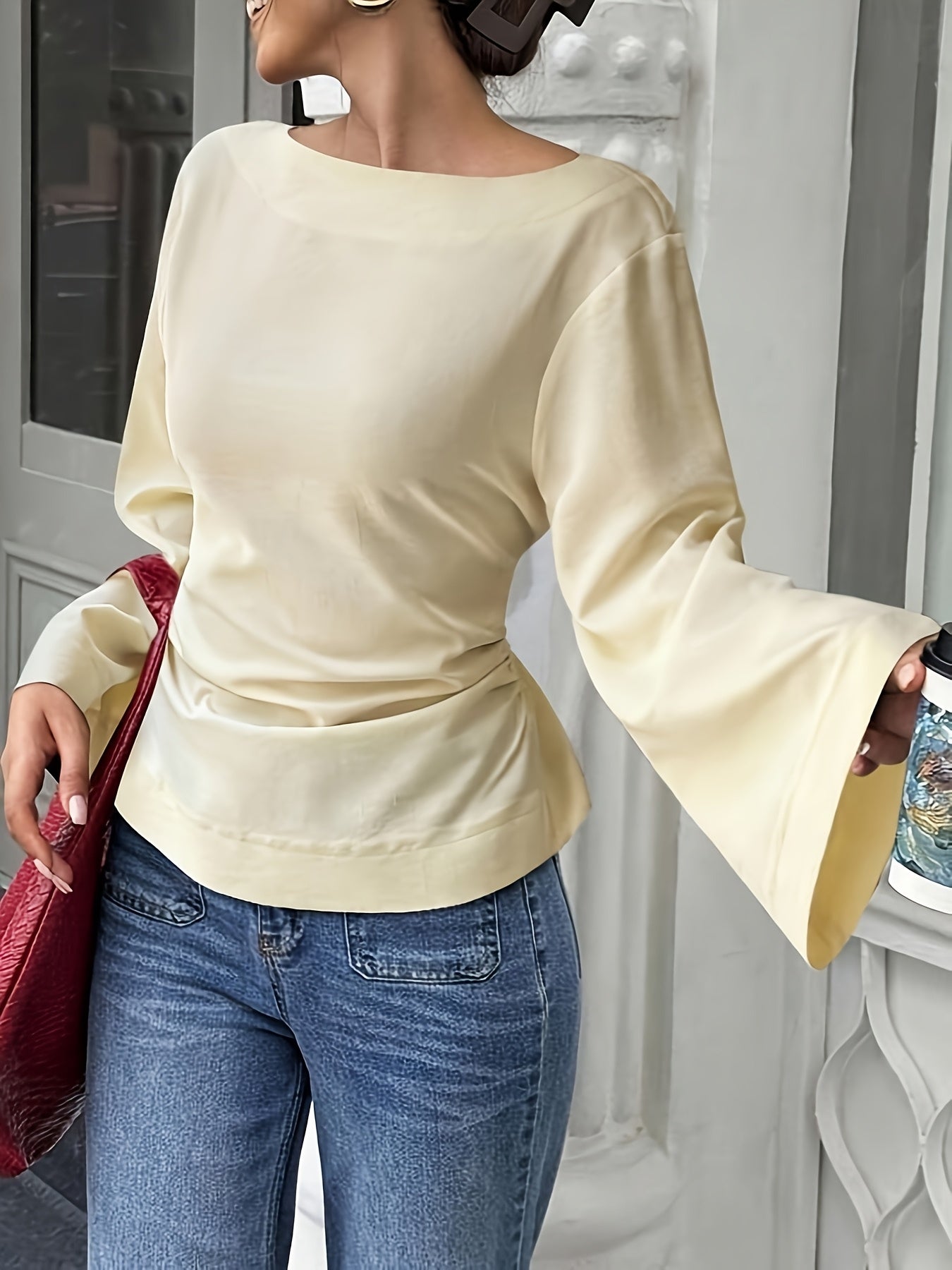 White Blouse for Women Back Tie Flared Sleeve Lightweight Shirt for Office Dinner Summer