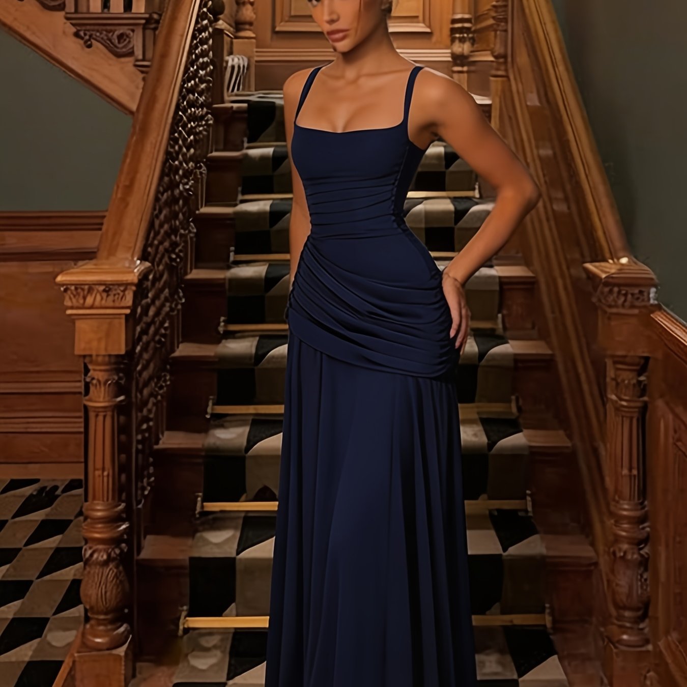 Women's Elegant Solid Color Maxi Dress, Square Neck Cross Back Evening Gown with Ruched Waist, Formal Party Roostertail Dress