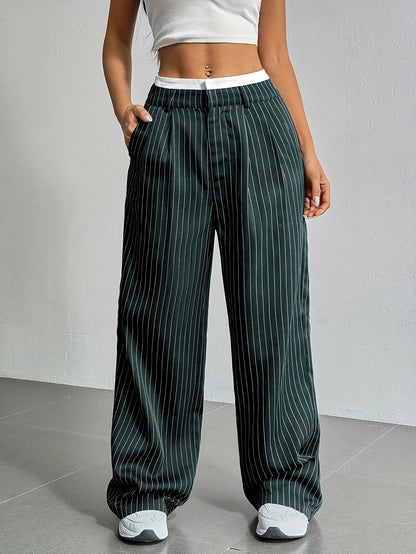 Early Autumn New Striped High-Waist Contrast Button-Closure Wide-Leg Suit Women'S Long Trousers