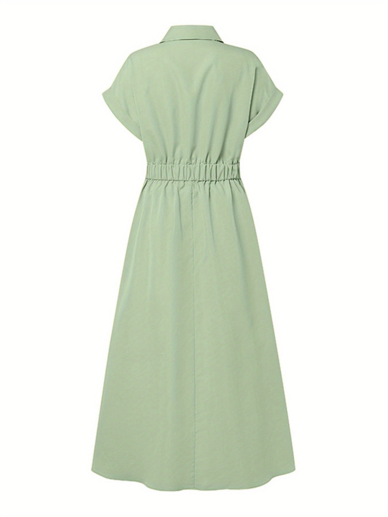 Women'S OL Style Solid Color Lapel Short Sleeve Front Buttons Up Waist Swing Street Style Easy All-Match Lightweight Casual Shirt Dress