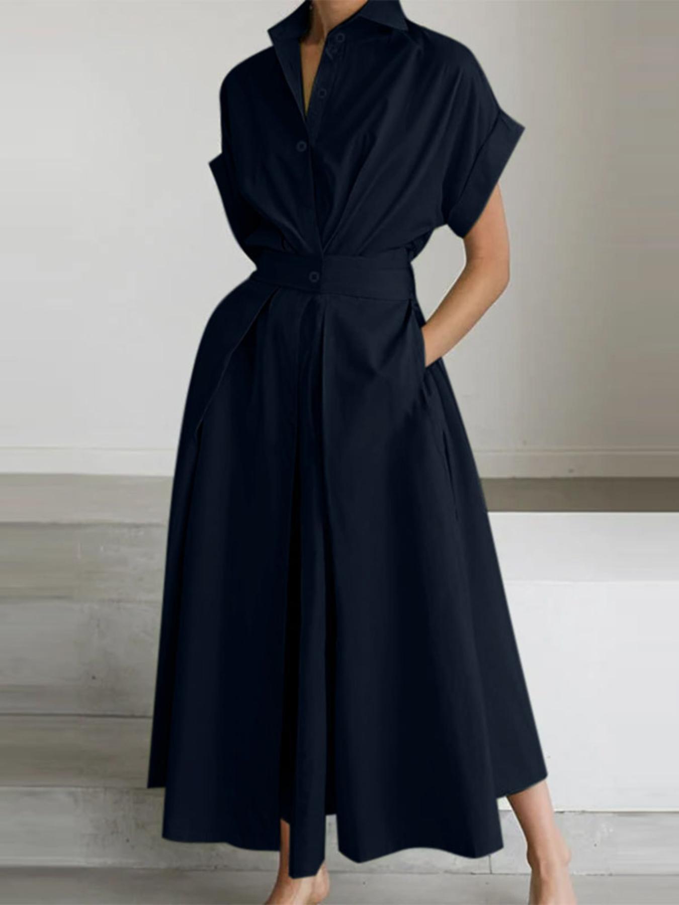 Women'S OL Style Solid Color Lapel Short Sleeve Front Buttons Up Waist Swing Street Style Easy All-Match Lightweight Casual Shirt Dress
