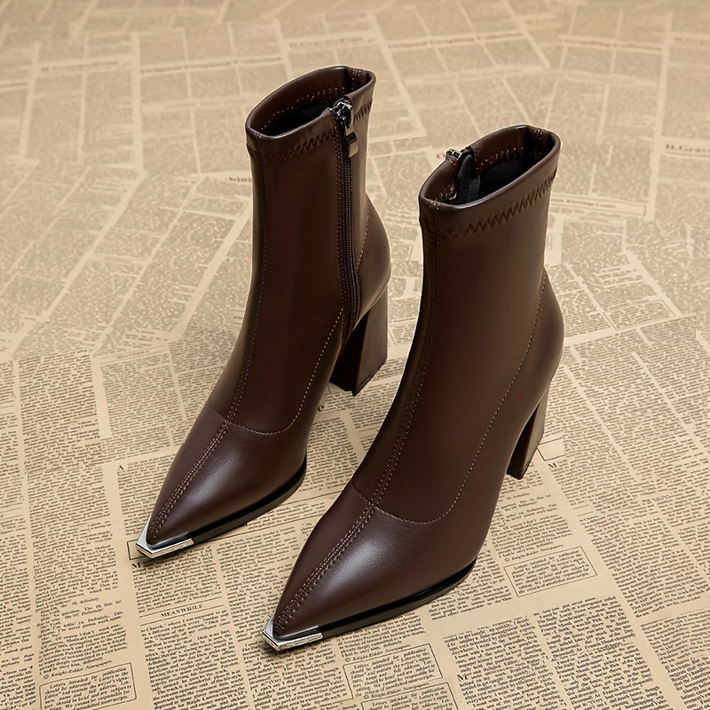 Ankle Boots for Women Pointed Toe Chunky Heel Side Zip Boots for Work Evening