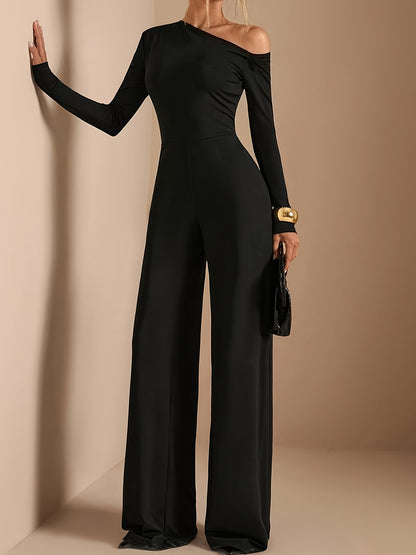 [Asymmetric Off-Shoulder Romper] Women's Elegant Asymmetric Off Shoulder Long Sleeve Wide Leg Romper - Solid Black Casual Jumpsuit for Spring Summer