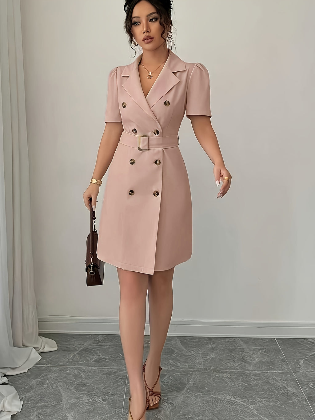 Suit Jacket with Belt at The Waist And Double-Breasted Breeze Sleeve Dress