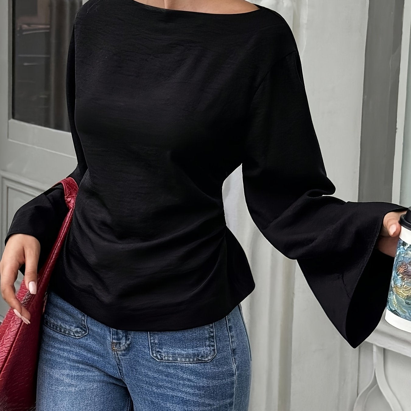 White Blouse for Women Back Tie Flared Sleeve Lightweight Shirt for Office Dinner Summer