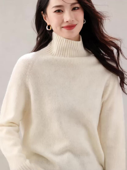 100% Wool Seamless High Neck Sweater - Loose Fit Sleeve Pullover with Micro-Stretch, Solid Color Top for Autumn Winter, Middle Eastern-Inspired Casual Chic Style