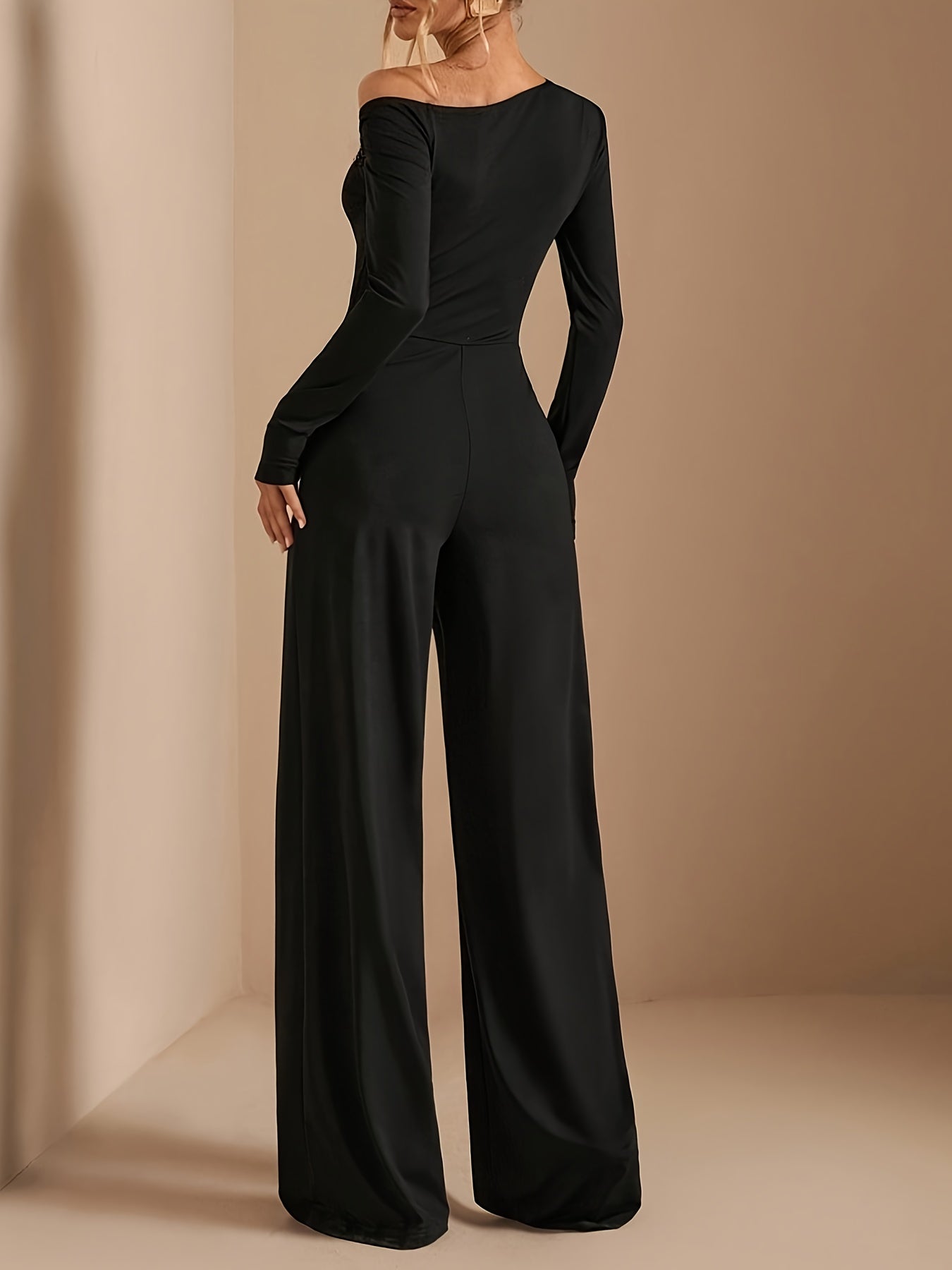 [Asymmetric Off-Shoulder Romper] Women's Elegant Asymmetric Off Shoulder Long Sleeve Wide Leg Romper - Solid Black Casual Jumpsuit for Spring Summer