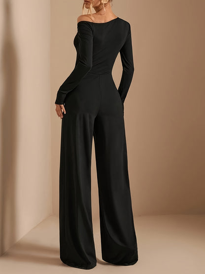 [Asymmetric Off-Shoulder Romper] Women's Elegant Asymmetric Off Shoulder Long Sleeve Wide Leg Romper - Solid Black Casual Jumpsuit for Spring Summer