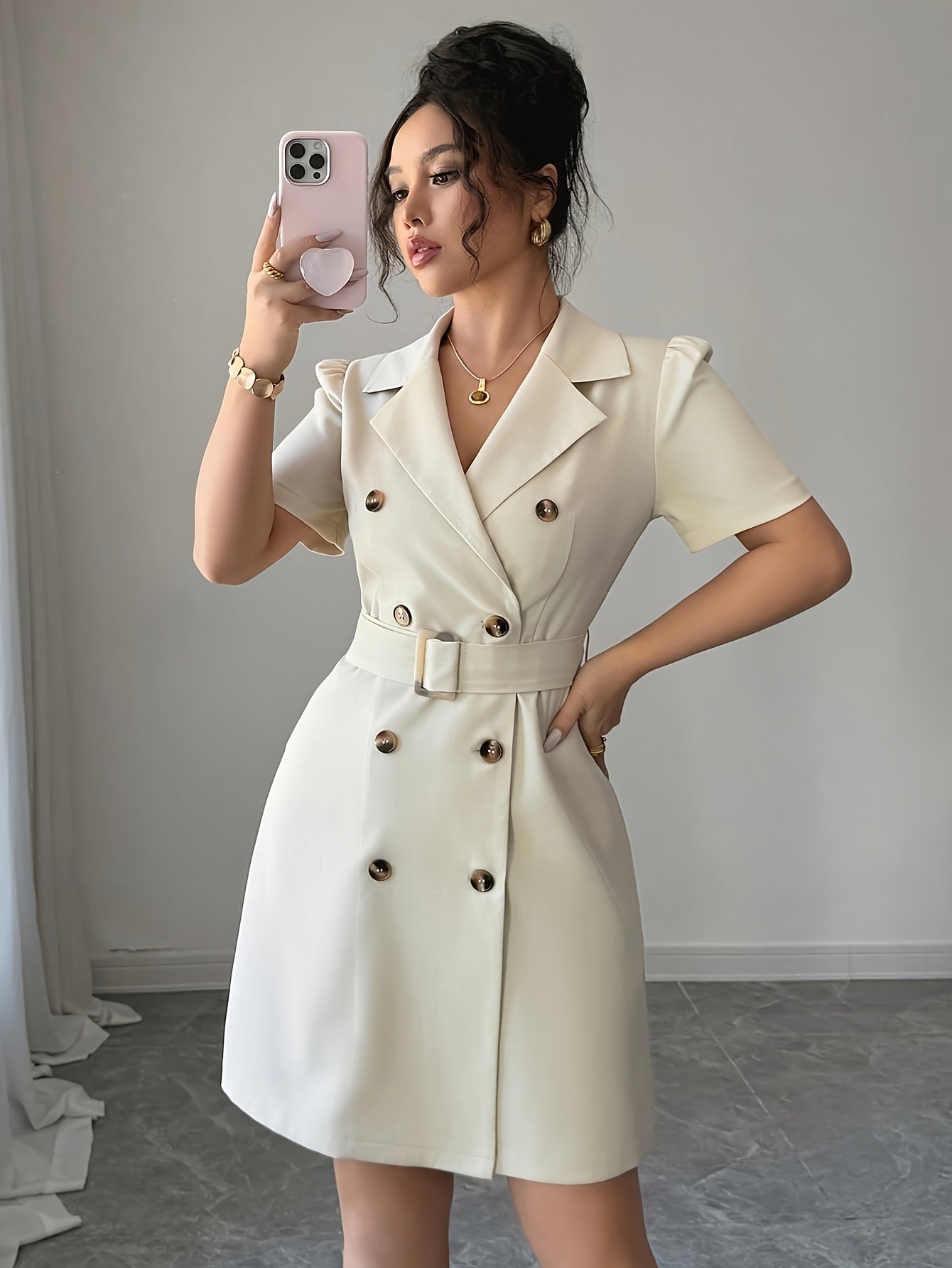 Suit Jacket with Belt at The Waist And Double-Breasted Breeze Sleeve Dress