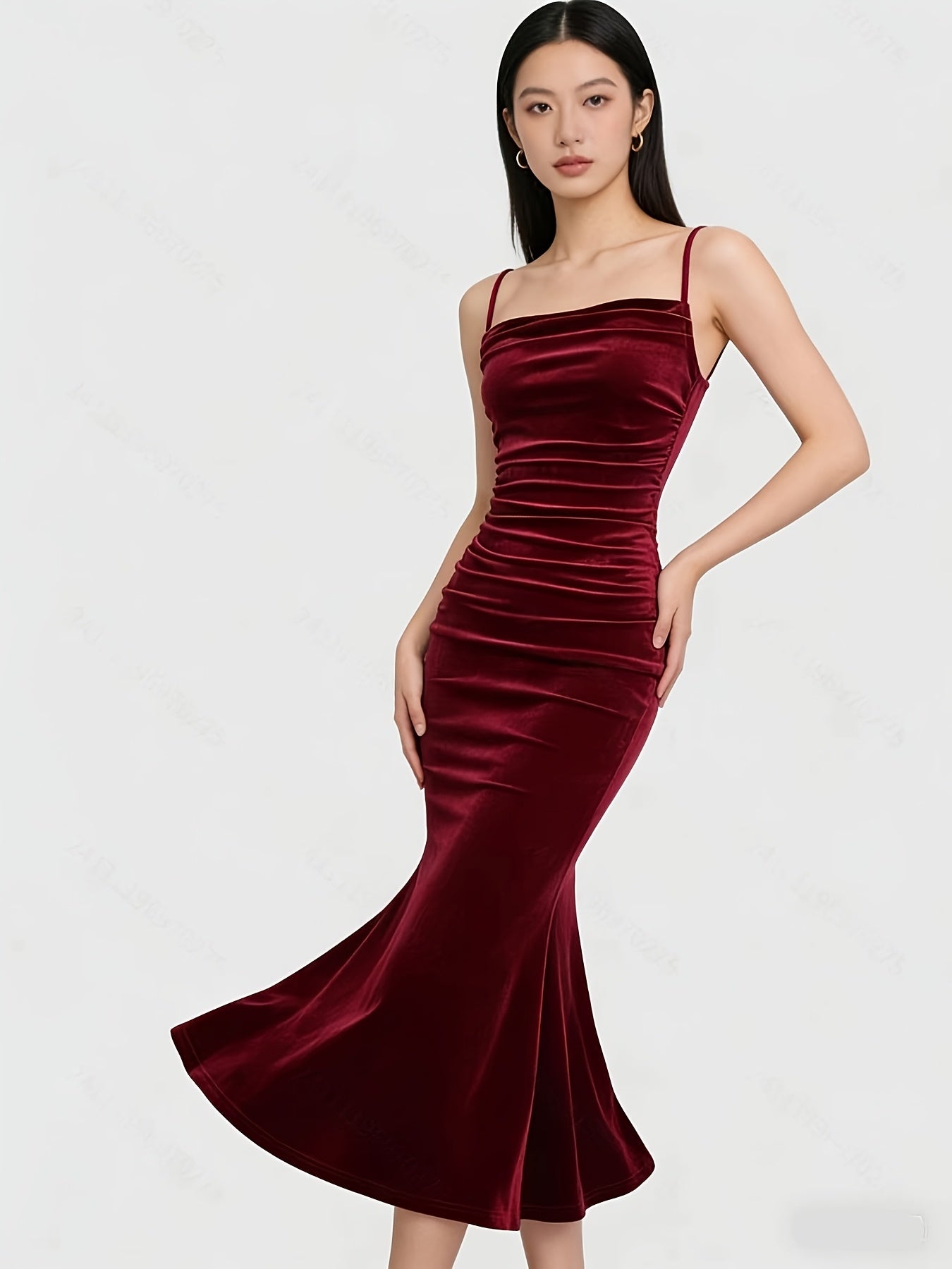 Party Dress for Women Ruched Spaghetti Strap Burgundy Midi Dress for Birthday Dinner Events
