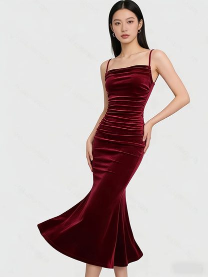 Party Dress for Women Ruched Spaghetti Strap Burgundy Midi Dress for Birthday Dinner Events