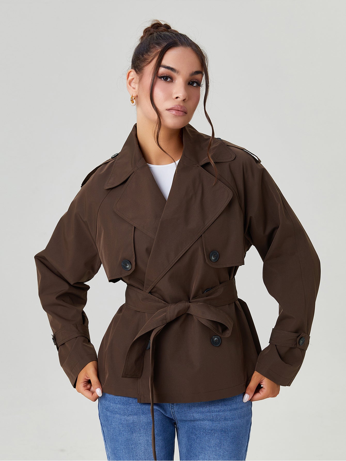Trench Coat for Women Notch Lapel Double Breasted Belted Coat for Office Travel