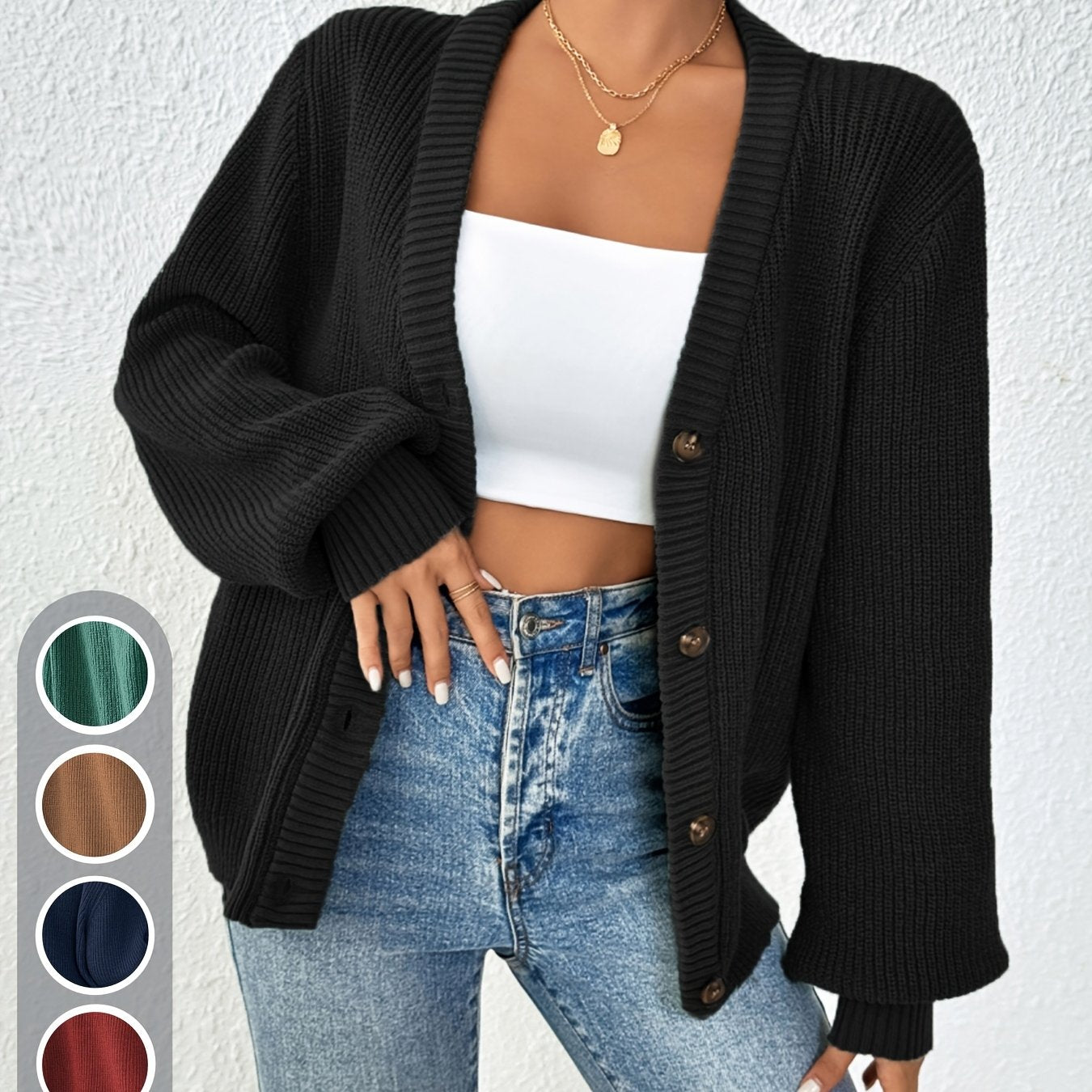 Self-designed Elegant Women's Solid Color Front-button Cardigan Sweater Coat for Spring and Autumn