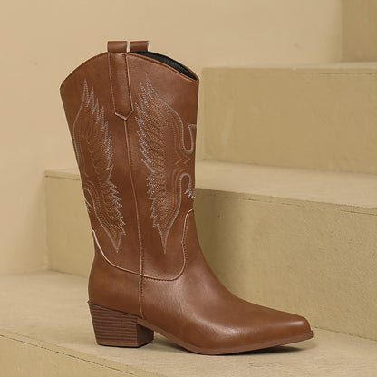 Cowgirl Western Boots for Women – Embroidered Mid-Calf, Pointed Toe and Block Heel