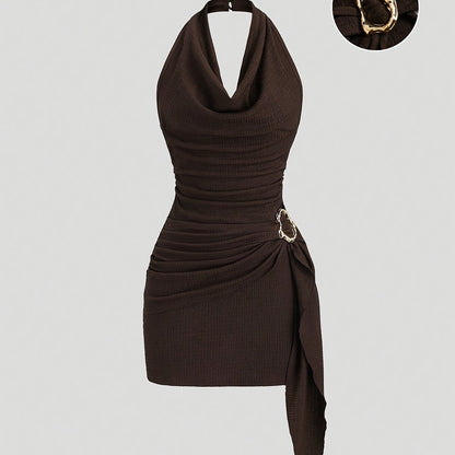 Party Dress for Women Draped Neckline Asymmetric Ruffle Dress with Metal Buckle