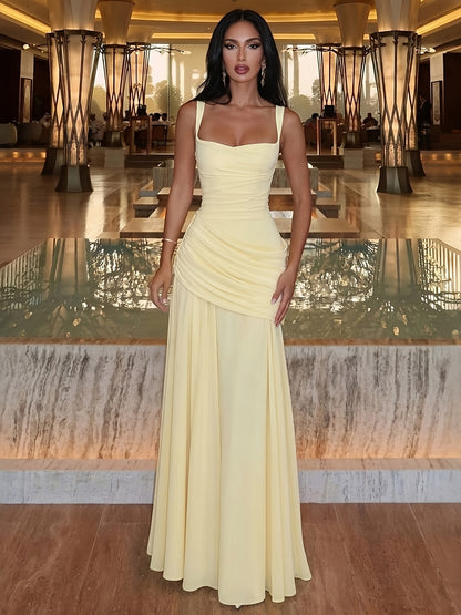 Women's Elegant Solid Color Maxi Dress, Square Neck Cross Back Evening Gown with Ruched Waist, Formal Party Roostertail Dress