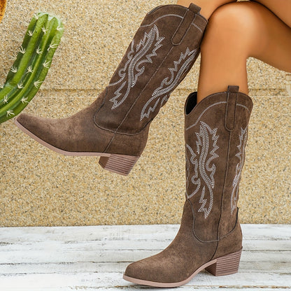 Cowgirl Western Boots for Women – Embroidered Mid-Calf, Pointed Toe and Block Heel