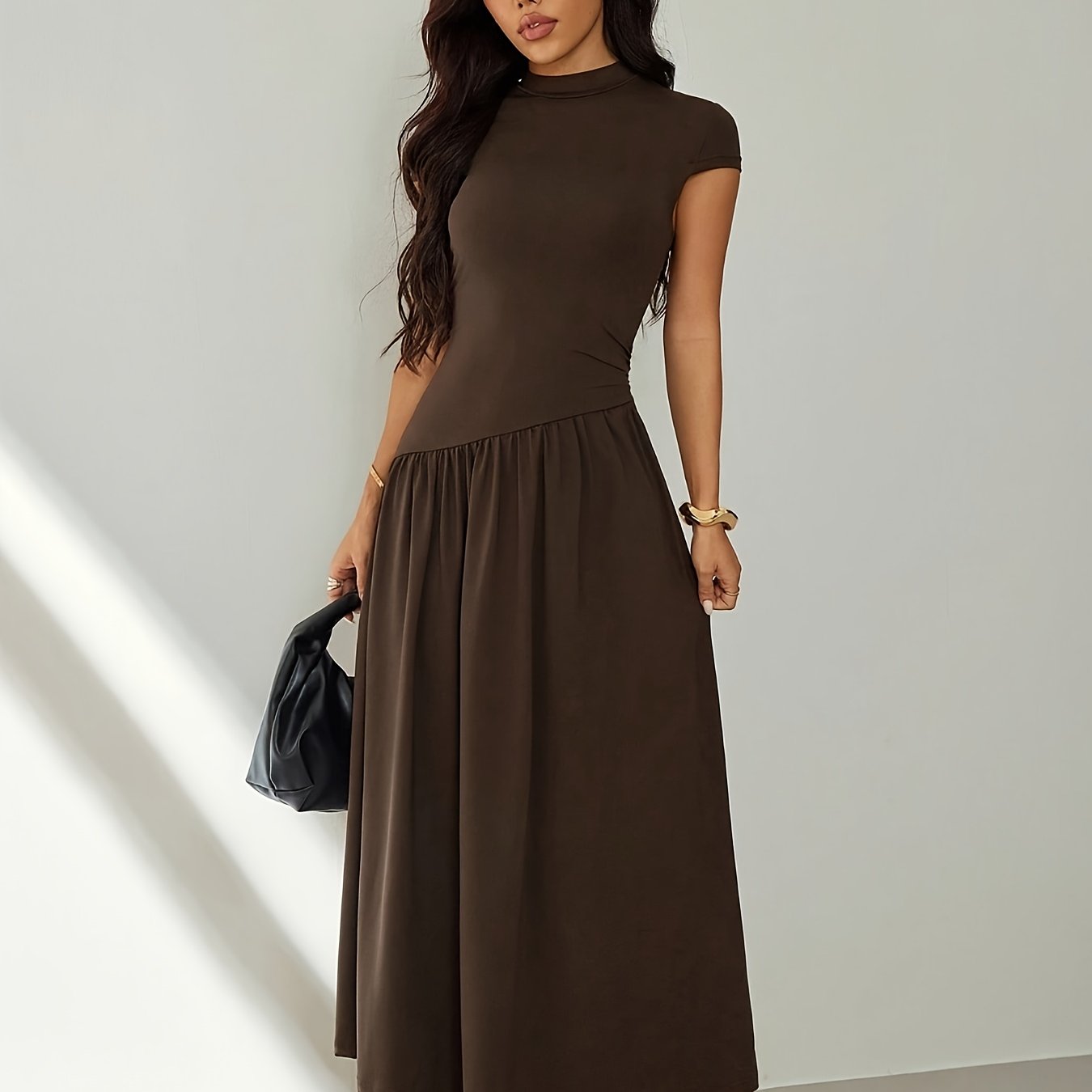 Midi Dress for Women Puff Sleeve Pleated Long Dress for Day Events Smart Casual Summer