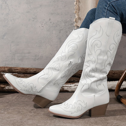 Women's Slip-on Boots, Classic and Elegant Embroidered Western Cowboy Boots, a Cute Light-colored Gift, Suitable for Music Festivals and Vacation Travel, a Fashionable Style, Women Shoes