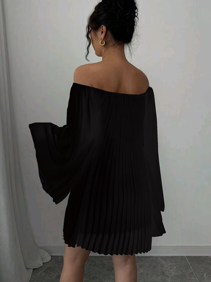 Women'S Elegant Off-Shoulder Ruched Long Sleeve Chiffon Dress