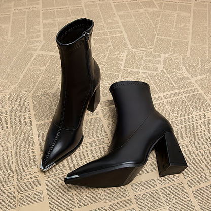 Ankle Boots for Women Pointed Toe Chunky Heel Side Zip Boots for Work Evening