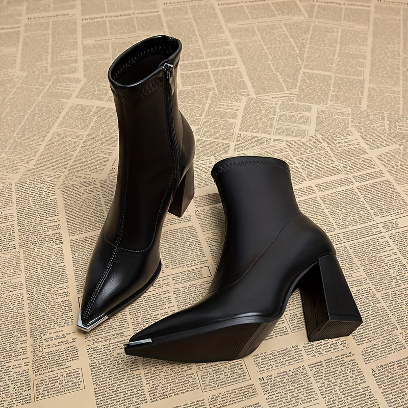 Ankle Boots for Women Pointed Toe Chunky Heel Side Zip Boots for Work Evening