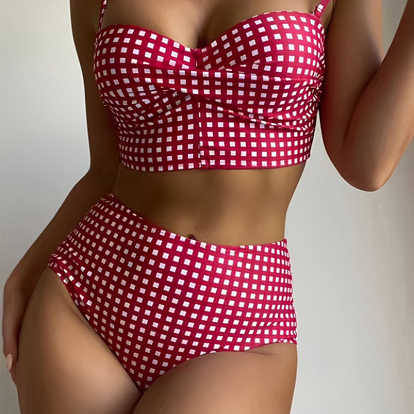 2024 New Bikini Swimsuit Women'S European And American Sexy Red Plaid Split High-Waisted Bikini