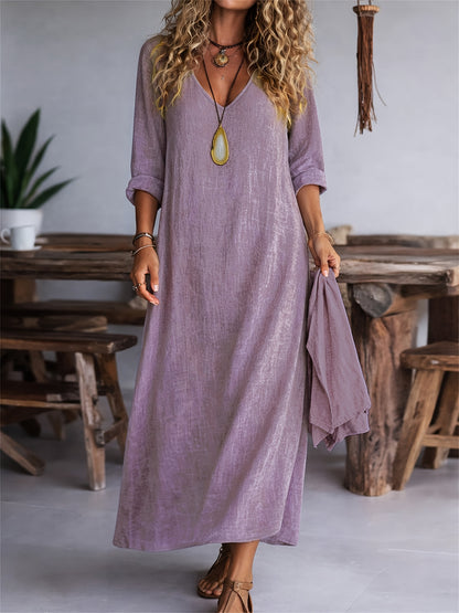 Casual Long Sleeve Dress for Women – V-Neck, Loose Fit and Solid Colour