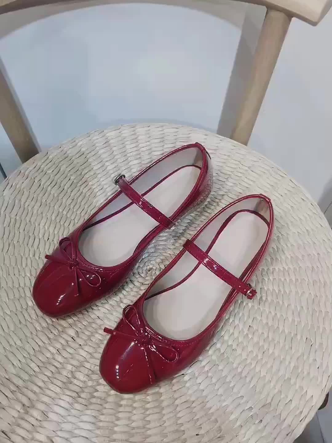 Mary Jane Shoes for Women Wine Red Bow Strap Flat Shoes for Office Daywear Outfits