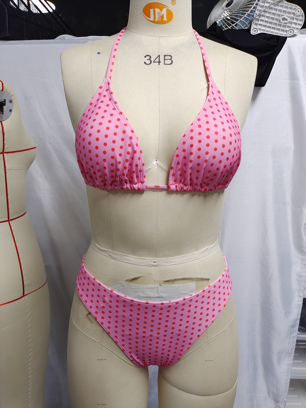 [Basic Design Bikini] Basic Design Bikini Set - Brown and White Polka Dot Triangle Top with Adjustable Ties, Low-Waist Bottoms - Simple Vacation Swimwear