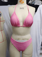 [Basic Design Bikini] Basic Design Bikini Set - Brown and White Polka Dot Triangle Top with Adjustable Ties, Low-Waist Bottoms - Simple Vacation Swimwear