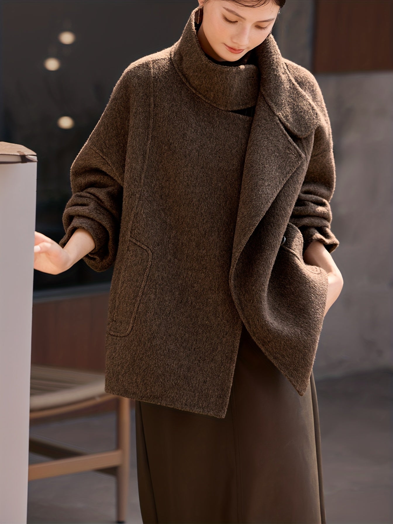 Wool Coat for Women Double Faced Raglan Sleeve Mid Coat for Work Travel Autumn Winter