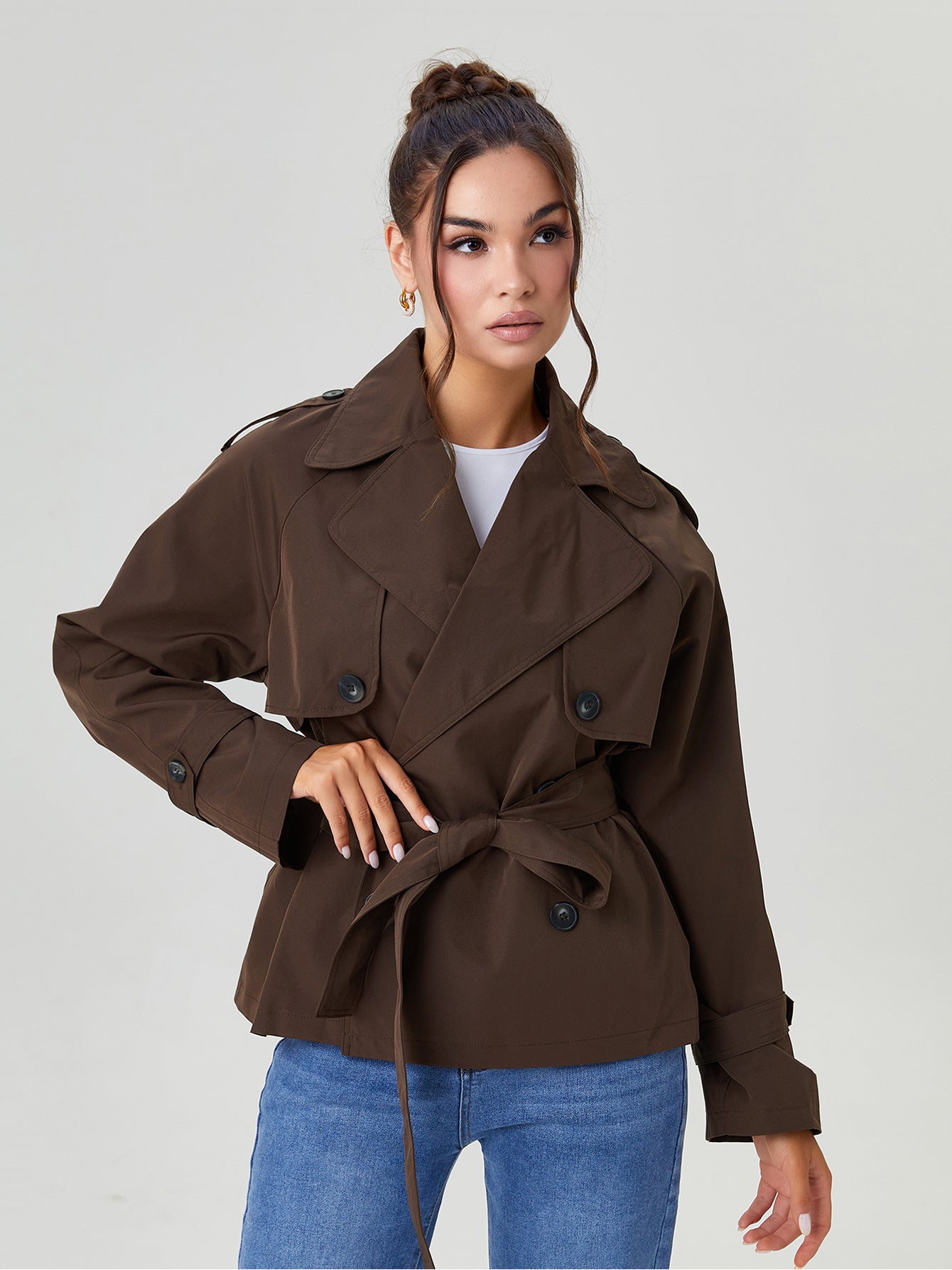 Trench Coat for Women Notch Lapel Double Breasted Belted Coat for Office Travel