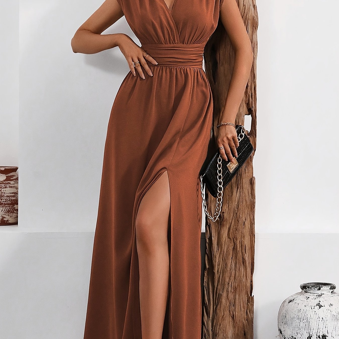 Elegant V-Neck -Line Maxi Dress Suitable for Weddings, Parties & Daily Wear - Machine Washable Solid Color Dress with V-Neck Collar, Flattering Fit for Events & Casual Occasions (Year-Round Wear)