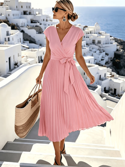 Women'S Elegant Solid V-Neck Sleeveless Tie-Belt Hem Pleated Flowy Midi Dress, Suitable for Casual Vacation Daily Gatherings, Fashionable And Generous Dress