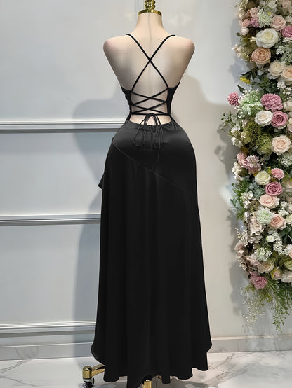 Satin Dress for Women Spaghetti Strap Ruched Open Back Party Wedding Guest Dress