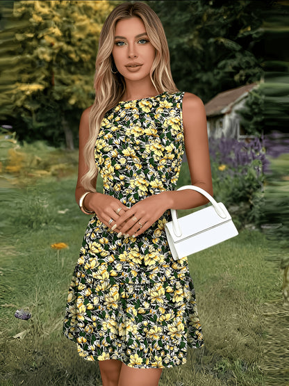 Round Neck, Cinched Waist, Gathered Hem with a Flowing A-line Skirt, Made of a Polyester-spandex, Machine Washable, Suitable for Casual Wear, Vacations, Parties, and Home Life