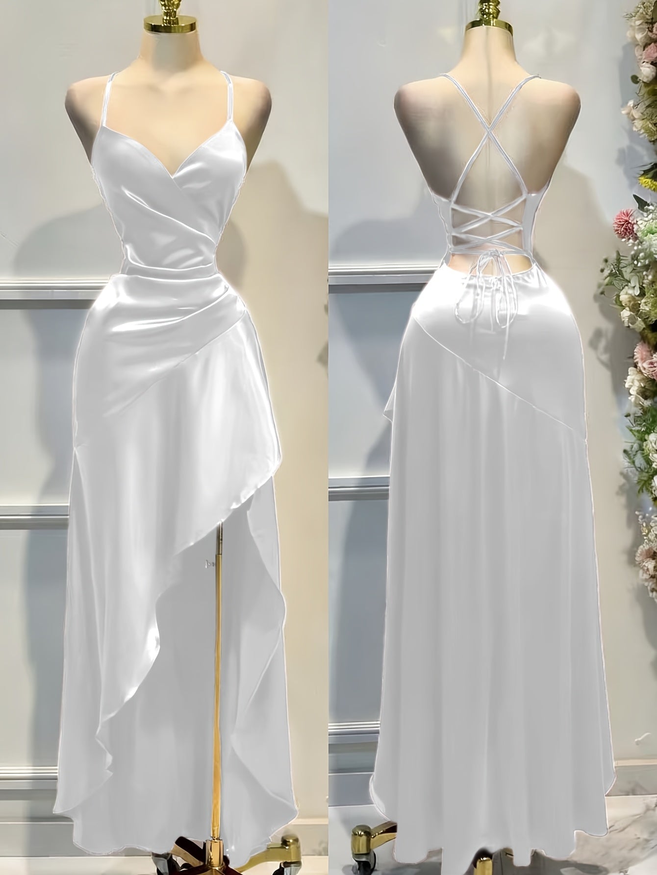Satin Dress for Women Spaghetti Strap Ruched Open Back Party Wedding Guest Dress