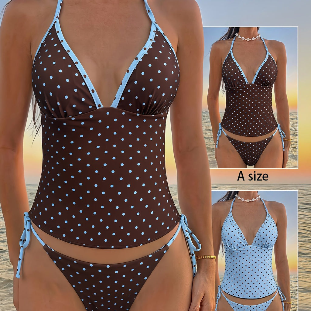 Women's Polka Dot Print Halter Neck Tankini Swimsuit Set, Bohemian Style Backless Knotted Tube Top Halter Bikini, Women's Polka Dot High-Stretch Reversible Design, Free Color Block Mix & Match, Beach Bikini
