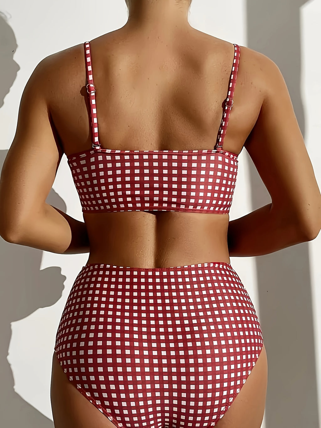 2024 New Bikini Swimsuit Women'S European And American Sexy Red Plaid Split High-Waisted Bikini