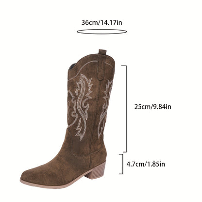Cowgirl Western Boots for Women – Embroidered Mid-Calf, Pointed Toe and Block Heel
