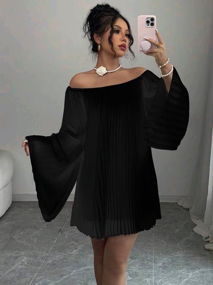 Women'S Elegant Off-Shoulder Ruched Long Sleeve Chiffon Dress
