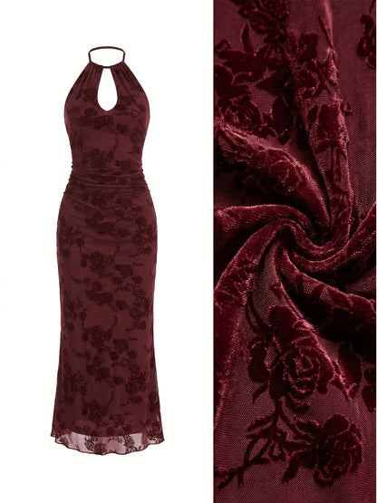 Midi Dress for Women Floral Flocked Tulle Backless Mesh Dress for Wedding Guest Events
