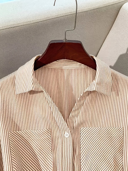 [Elegant Shirt Dress] Elegant Casual Women's Long Shirt Dress | Striped Long-Sleeve Single-Breasted Button Pocket with Belt