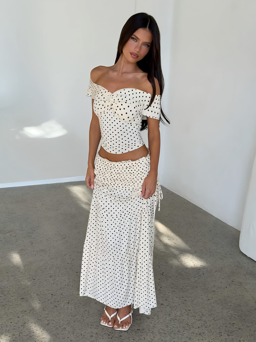 Summer Women'S Skirt Set Polka Dot Off-Shoulder Top High-Waist Fishtail Skirt Two-Piece Set
