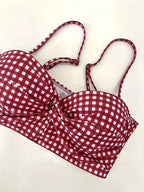 2024 New Bikini Swimsuit Women'S European And American Sexy Red Plaid Split High-Waisted Bikini