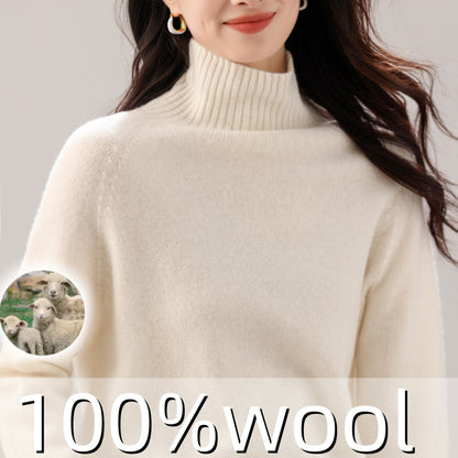 100% Wool Seamless High Neck Sweater - Loose Fit Sleeve Pullover with Micro-Stretch, Solid Color Top for Autumn Winter, Middle Eastern-Inspired Casual Chic Style