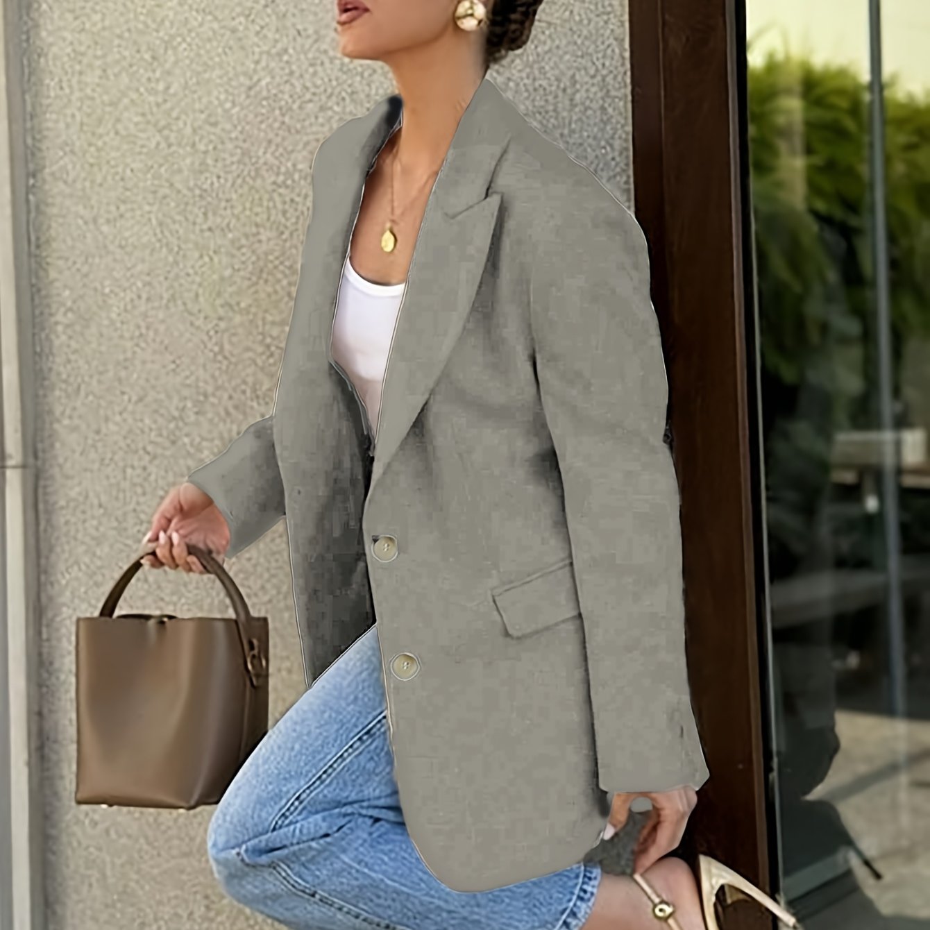 Fashionable and Elegant Four-season Women's Solid Color Single-breasted Flat Lapel Office Blazer, Suitable for Commuting, Business, and Casual Daily Wear
